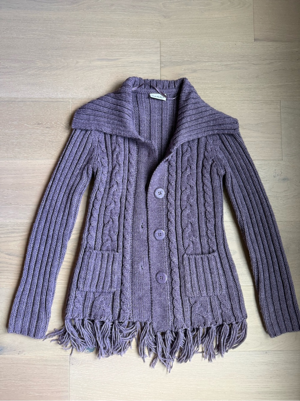 AND Lavender Cable-Trim Cable-Knit Button Cardigan